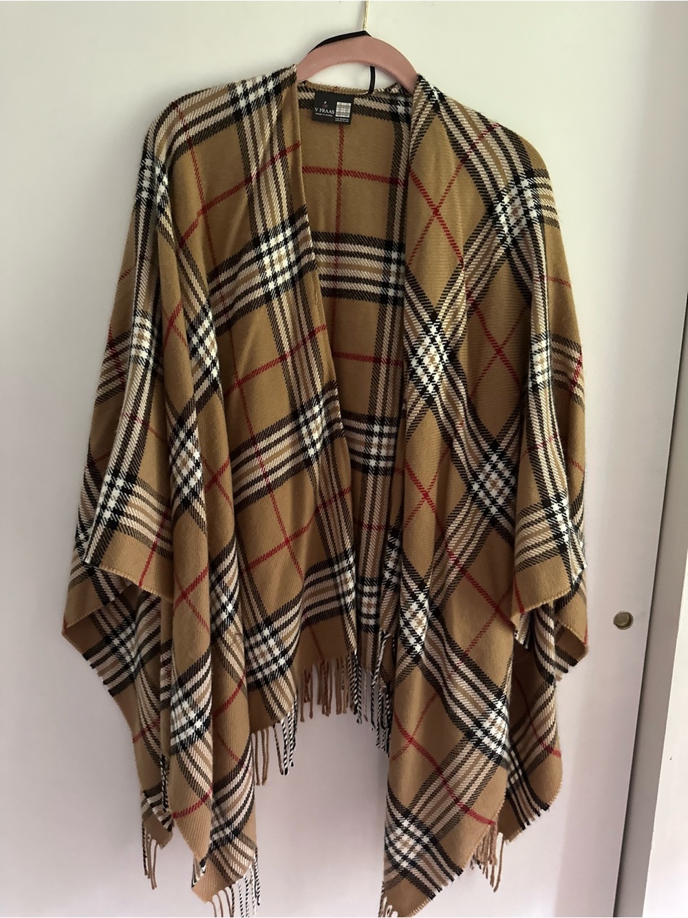 V Fraas Camel Plaid Fringe Wrap Cape